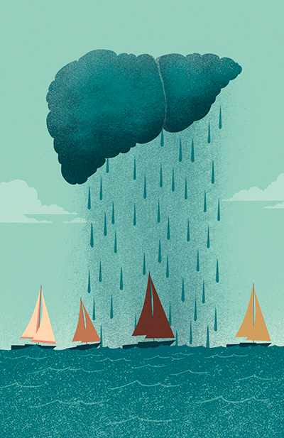 Illustration of a cloud in the shape of a liver raining down on ships by Davide Bonazzi.