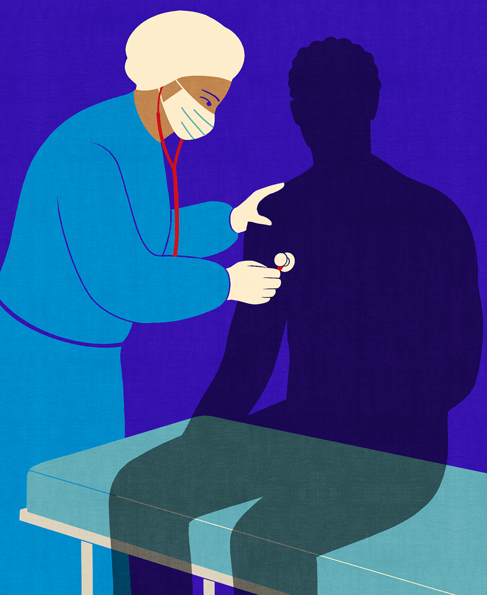 Illustration of a doctor listening to a person's heart.